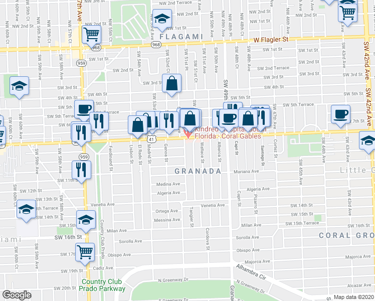 map of restaurants, bars, coffee shops, grocery stores, and more near 840 Tangier Street in Coral Gables