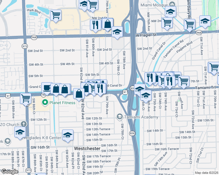 map of restaurants, bars, coffee shops, grocery stores, and more near 7864 Grand Canal Drive in Miami