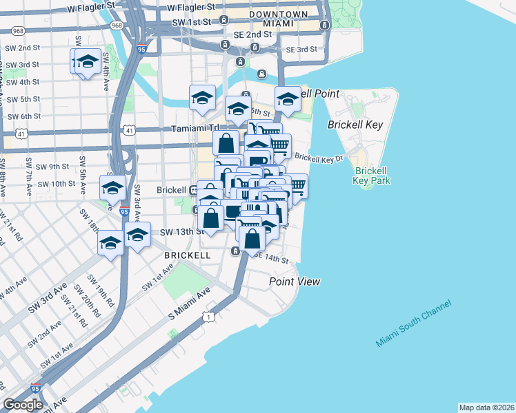 map of restaurants, bars, coffee shops, grocery stores, and more near 1101 Brickell Avenue in Miami