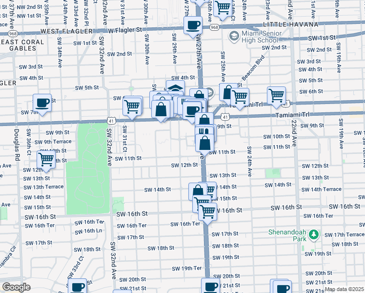 map of restaurants, bars, coffee shops, grocery stores, and more near 1052 Southwest 29th Avenue in Miami