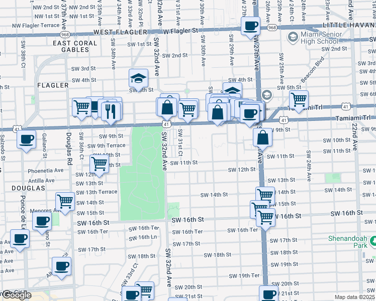 map of restaurants, bars, coffee shops, grocery stores, and more near 923 Southwest 31st Court in Miami