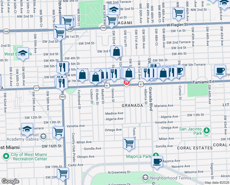 map of restaurants, bars, coffee shops, grocery stores, and more near 1221 Aguila Avenue in Coral Gables