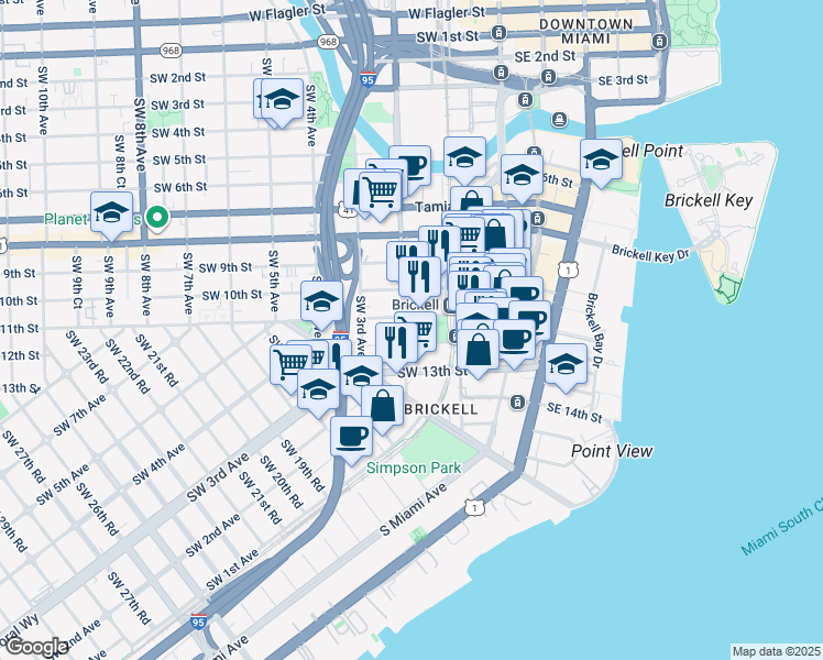 map of restaurants, bars, coffee shops, grocery stores, and more near 1180 Southwest 2nd Avenue in Miami