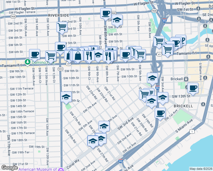 map of restaurants, bars, coffee shops, grocery stores, and more near 770 Southwest 21st Road in Miami