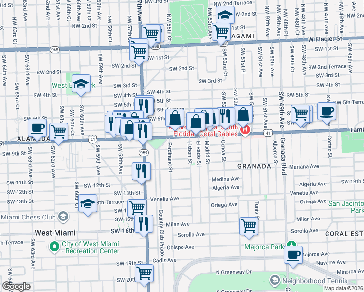 map of restaurants, bars, coffee shops, grocery stores, and more near 1417 San Marco Avenue in Coral Gables