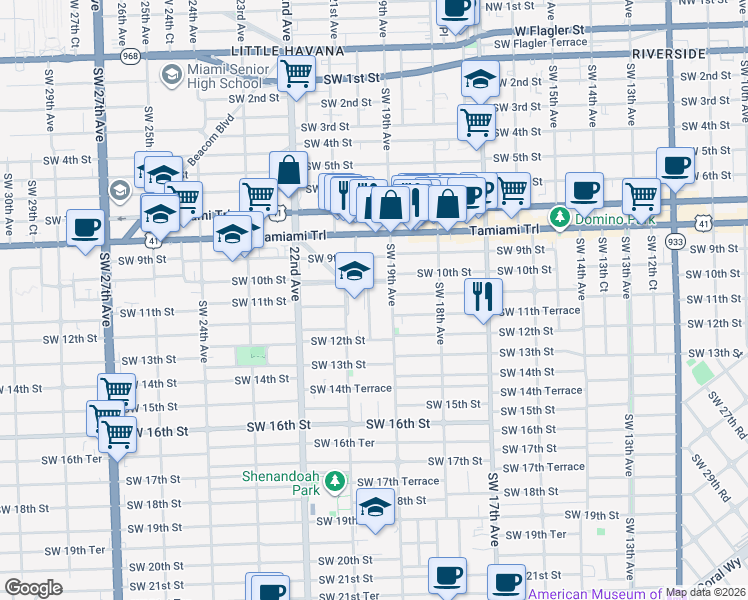 map of restaurants, bars, coffee shops, grocery stores, and more near 1111 Southwest 20th Avenue in Miami