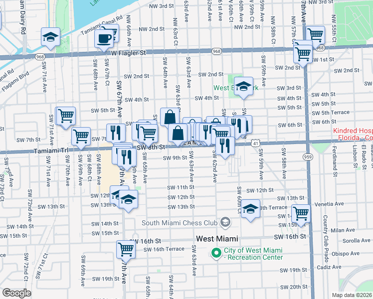 map of restaurants, bars, coffee shops, grocery stores, and more near 900 Southwest 63rd Avenue in West Miami