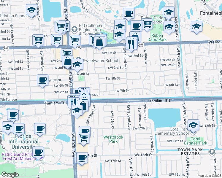 map of restaurants, bars, coffee shops, grocery stores, and more near 10301 Southwest 7th Terrace in Miami