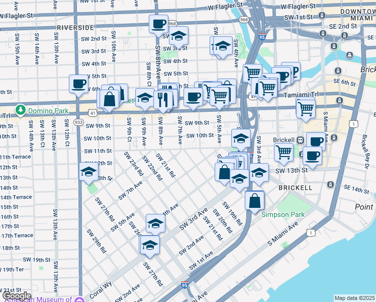 map of restaurants, bars, coffee shops, grocery stores, and more near 600 Southwest 19th Road in Miami