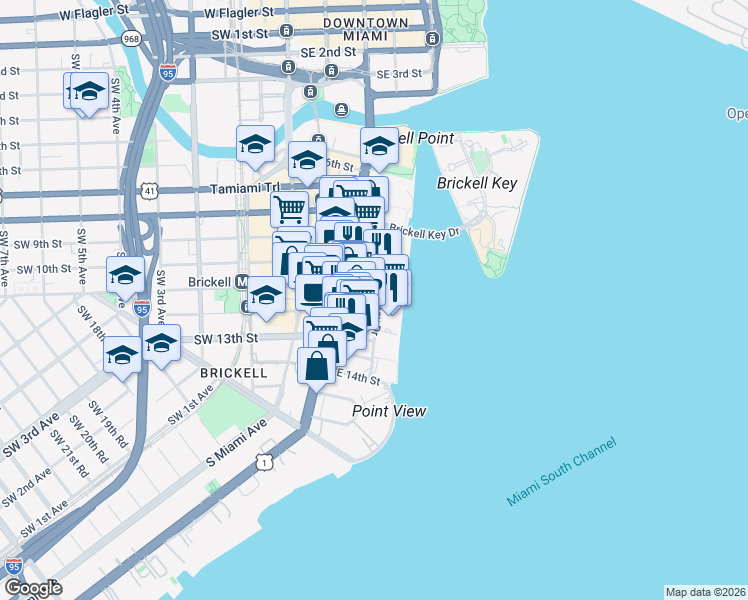 map of restaurants, bars, coffee shops, grocery stores, and more near Brickell Bay Drive in Miami