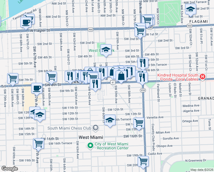 map of restaurants, bars, coffee shops, grocery stores, and more near 6012 Southwest 8th Street in Miami