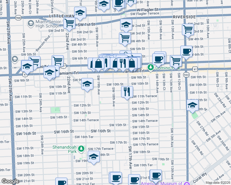 map of restaurants, bars, coffee shops, grocery stores, and more near in Miami