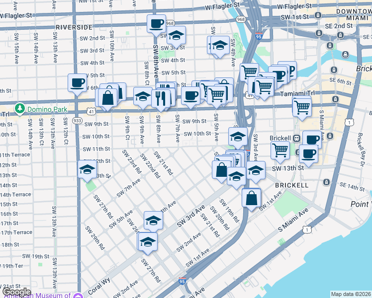 map of restaurants, bars, coffee shops, grocery stores, and more near 600 Southwest 19th Road in Miami