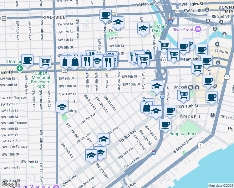 map of restaurants, bars, coffee shops, grocery stores, and more near 2004 Southwest 7th Avenue in Miami