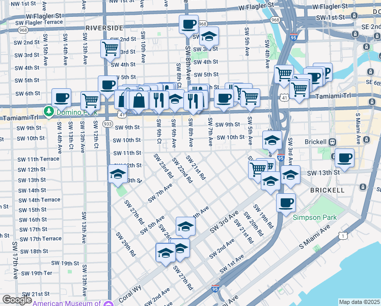 map of restaurants, bars, coffee shops, grocery stores, and more near 770 Southwest 21st Road in Miami