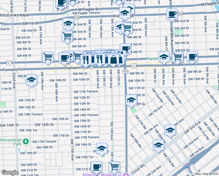 map of restaurants, bars, coffee shops, grocery stores, and more near 1127 Southwest 13th Court in Miami