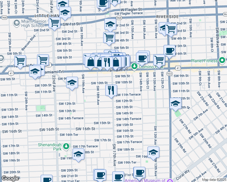 map of restaurants, bars, coffee shops, grocery stores, and more near 1721 Southwest 11th Terrace in Miami