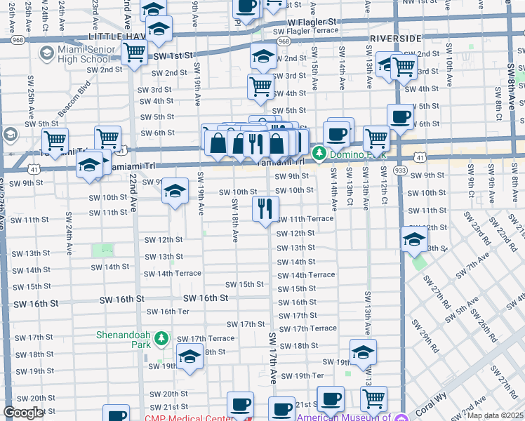 map of restaurants, bars, coffee shops, grocery stores, and more near 1721 Southwest 11th Terrace in Miami