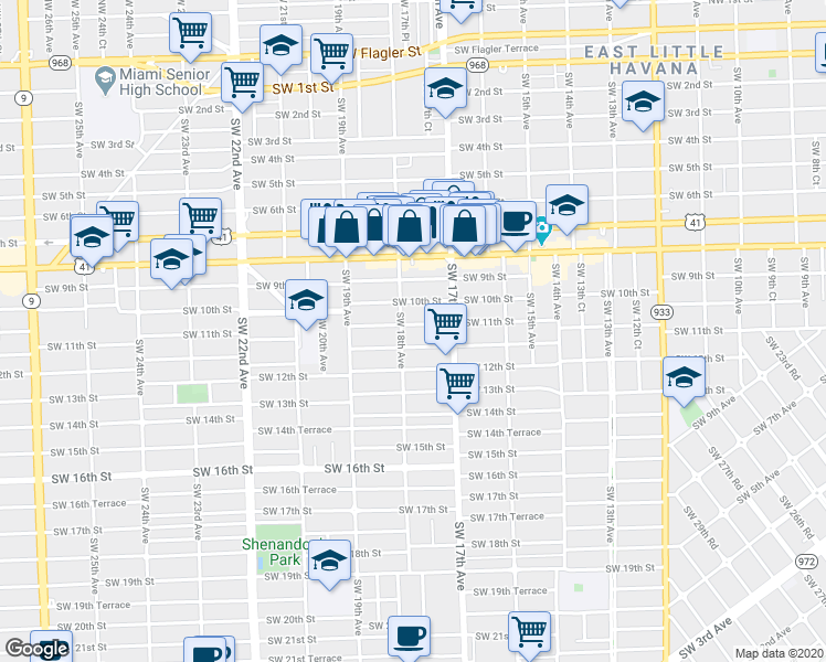 map of restaurants, bars, coffee shops, grocery stores, and more near in Miami