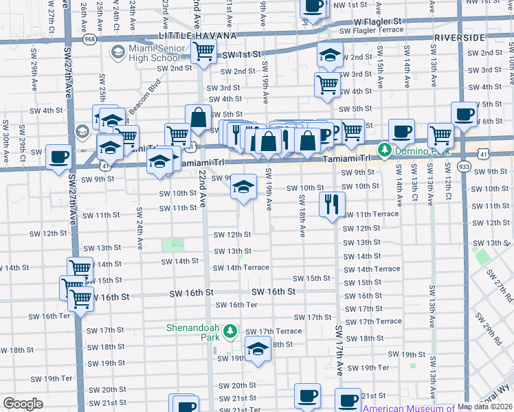 map of restaurants, bars, coffee shops, grocery stores, and more near 1111 Southwest 20th Avenue in Miami