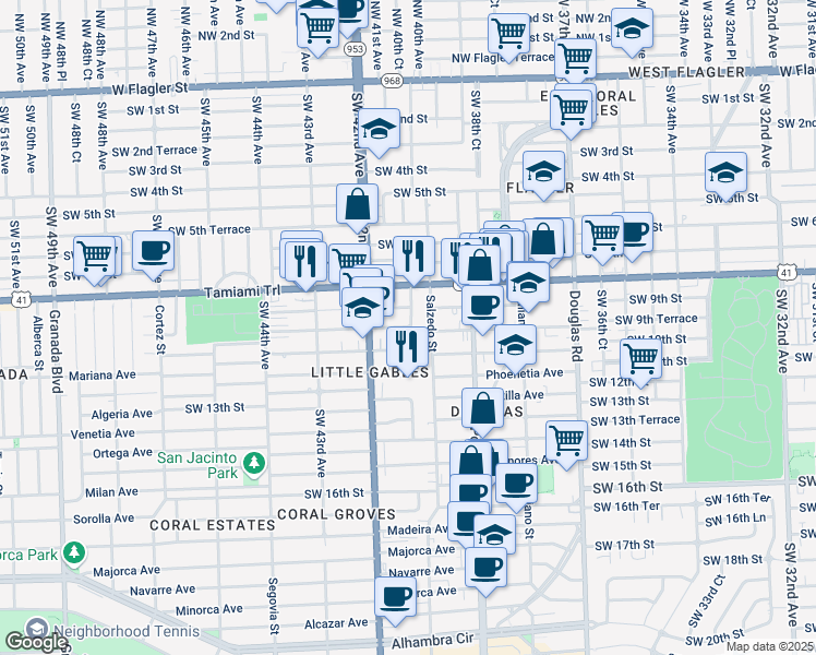 map of restaurants, bars, coffee shops, grocery stores, and more near 4005 Southwest 10th Street in Miami