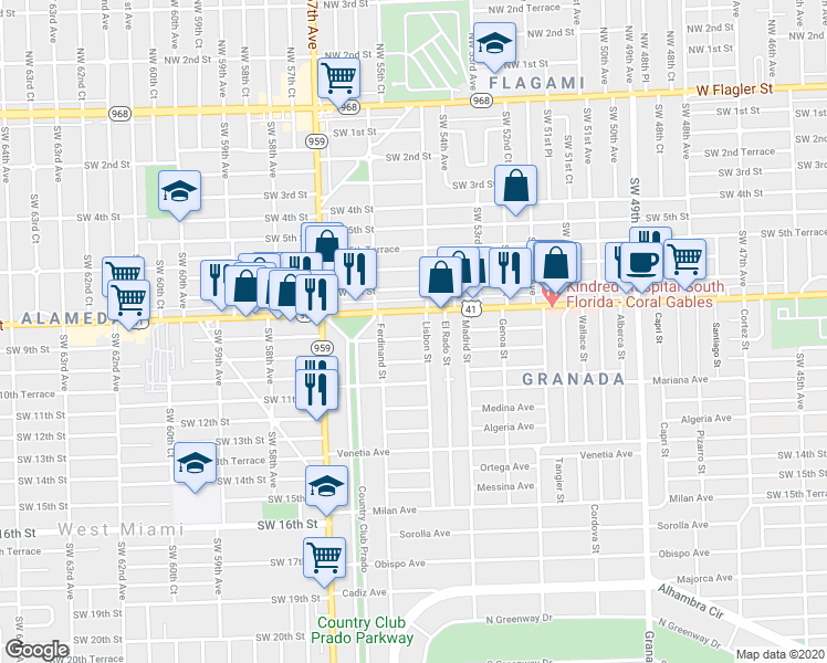 map of restaurants, bars, coffee shops, grocery stores, and more near 1420 San Marco Avenue in Coral Gables