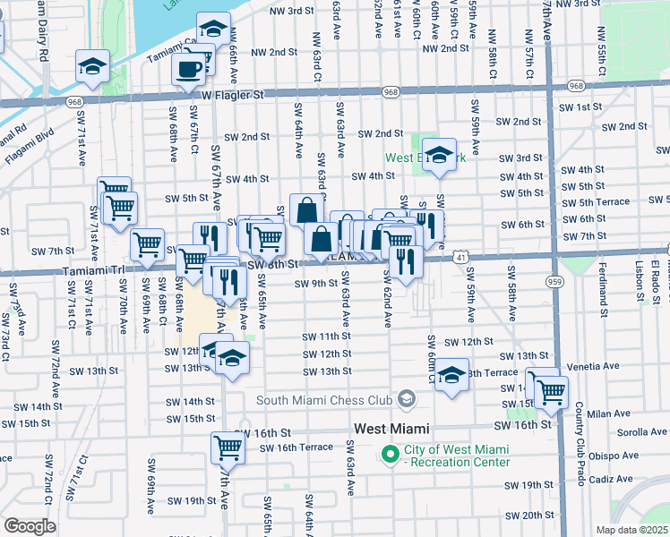map of restaurants, bars, coffee shops, grocery stores, and more near 900 Southwest 63rd Avenue in West Miami