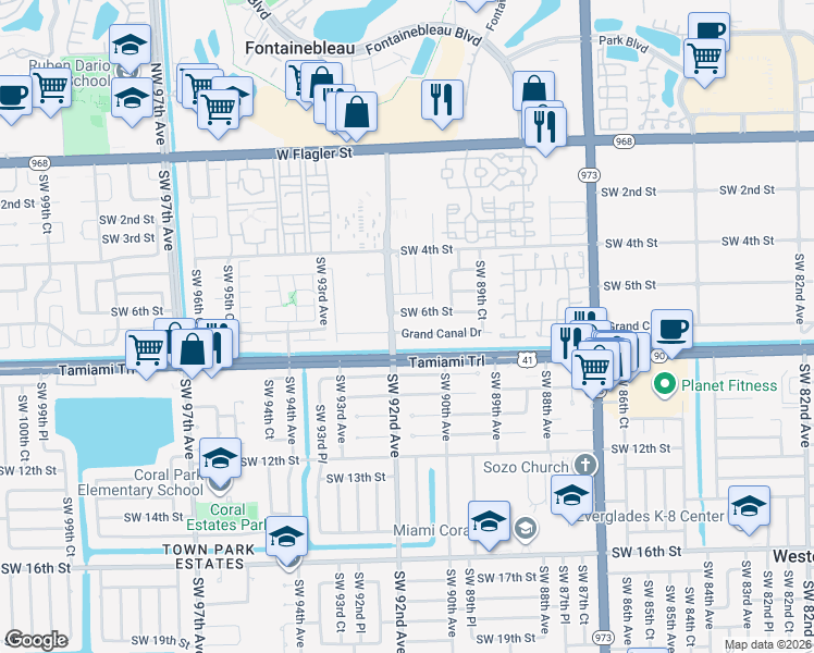 map of restaurants, bars, coffee shops, grocery stores, and more near 9120 Grand Canal Drive in Miami