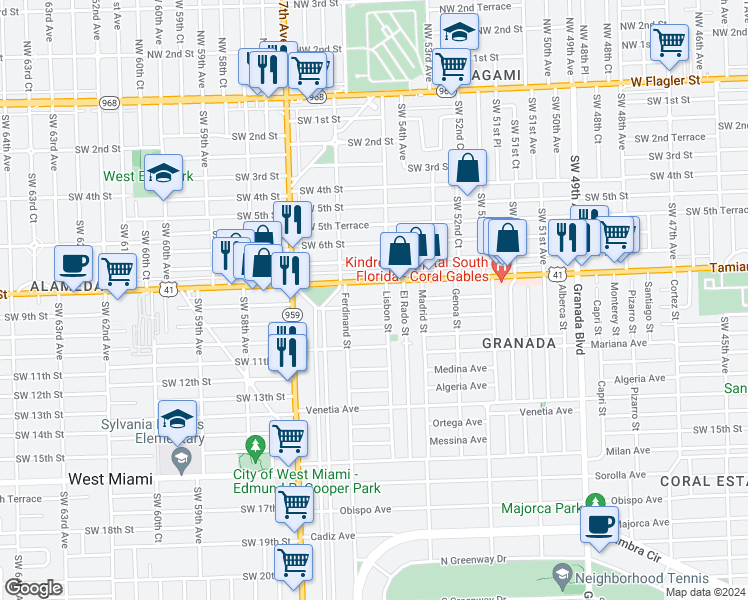 map of restaurants, bars, coffee shops, grocery stores, and more near 1413 San Marco Avenue in Coral Gables