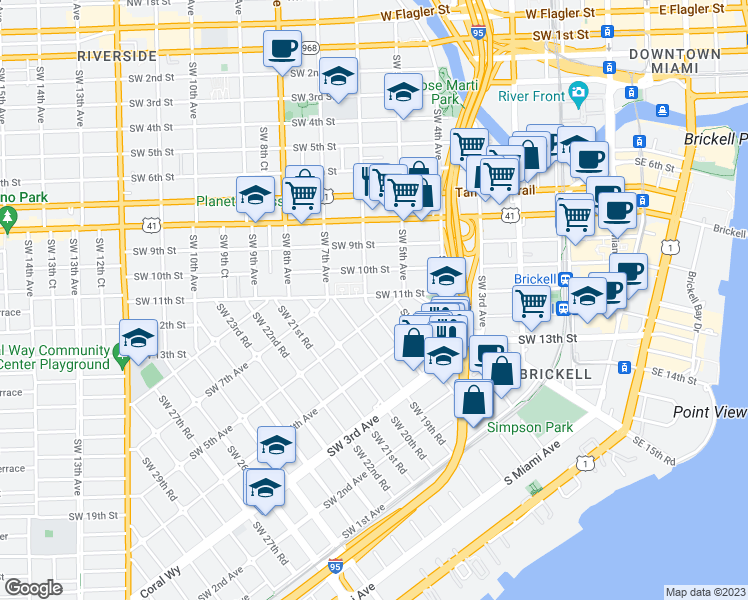 map of restaurants, bars, coffee shops, grocery stores, and more near 523 Southwest 18th Terrace in Miami