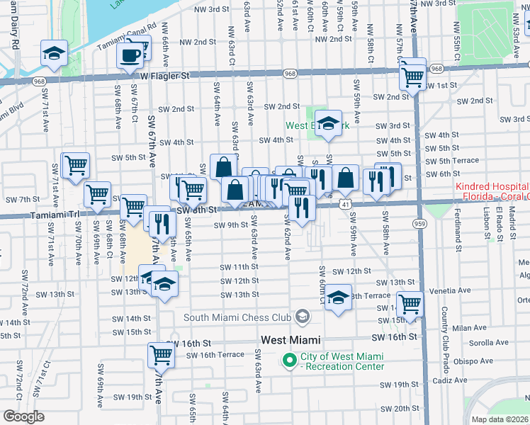 map of restaurants, bars, coffee shops, grocery stores, and more near 6260 Southwest 8th Street in West Miami