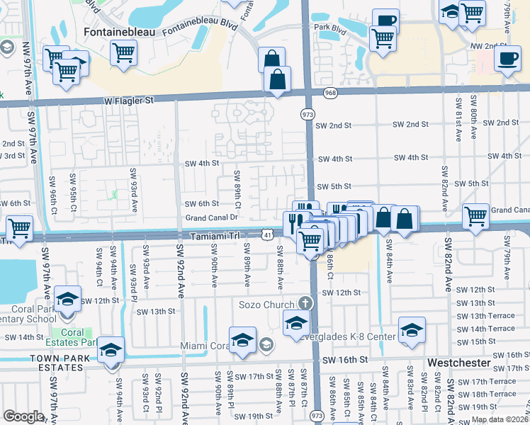 map of restaurants, bars, coffee shops, grocery stores, and more near 636 Southwest 88th Place East in Miami