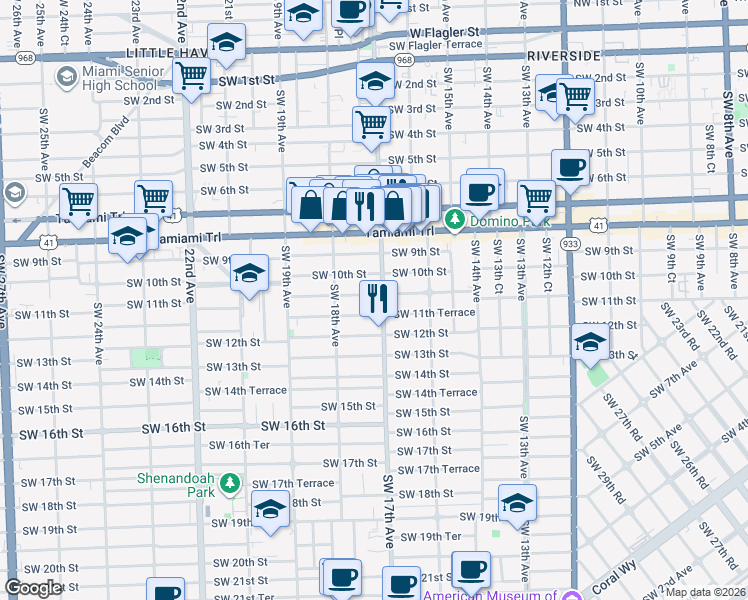 map of restaurants, bars, coffee shops, grocery stores, and more near 1721 Southwest 11th Terrace in Miami