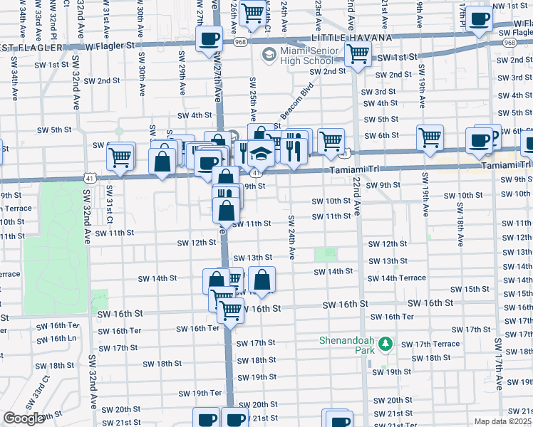 map of restaurants, bars, coffee shops, grocery stores, and more near 2459 Southwest 11th Street in Miami