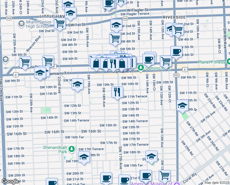 map of restaurants, bars, coffee shops, grocery stores, and more near 1721 Southwest 11th Terrace in Miami