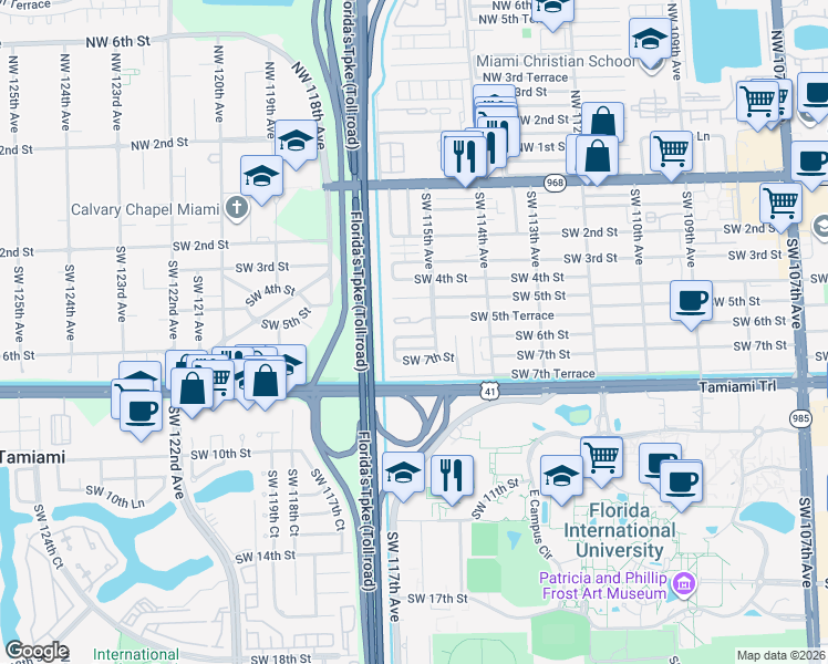 map of restaurants, bars, coffee shops, grocery stores, and more near 11545 Southwest 6th Terrace in Miami