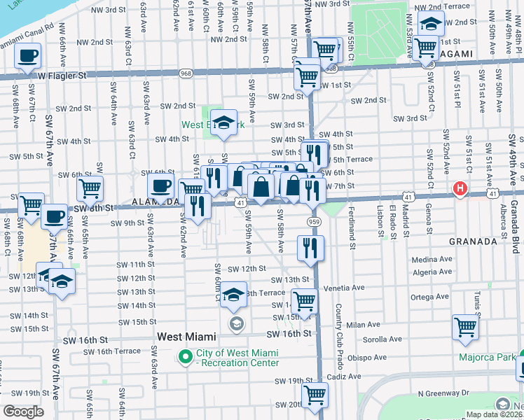 map of restaurants, bars, coffee shops, grocery stores, and more near 5824 Southwest 9th Street in West Miami