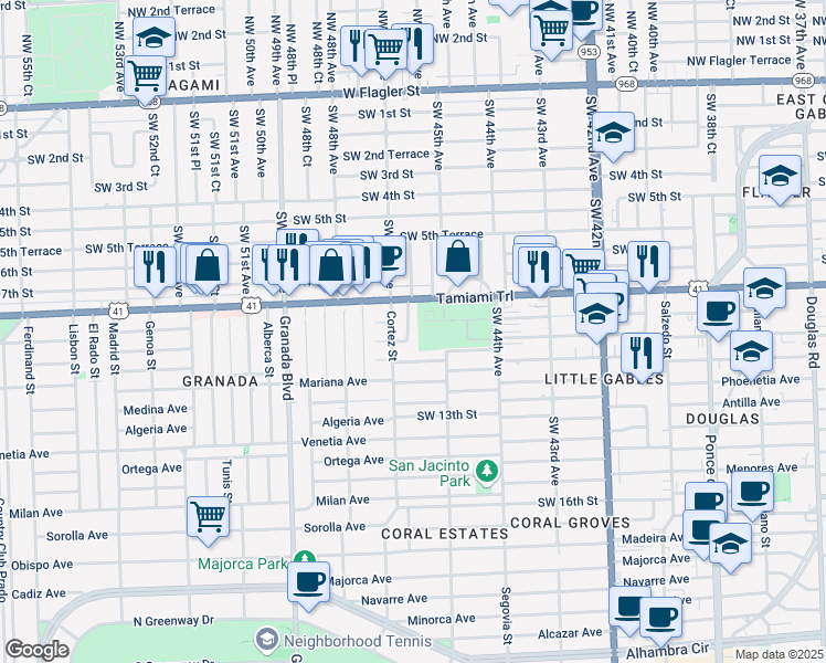 map of restaurants, bars, coffee shops, grocery stores, and more near 829 Lorca Street in Miami
