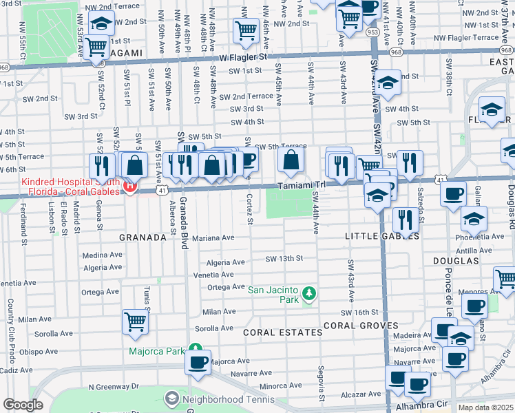map of restaurants, bars, coffee shops, grocery stores, and more near 828 Lorca Street in Coral Gables