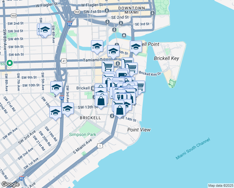 map of restaurants, bars, coffee shops, grocery stores, and more near 1069 Brickell Avenue in Miami