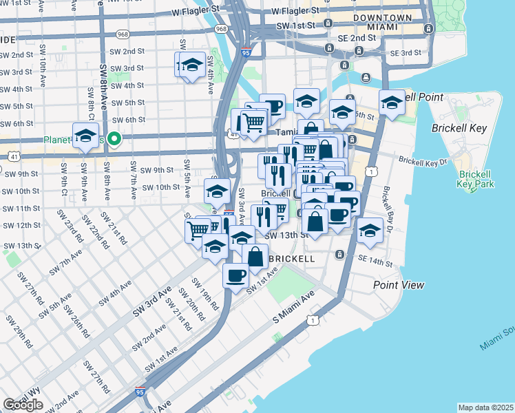 map of restaurants, bars, coffee shops, grocery stores, and more near 1180 Southwest 2nd Avenue in Miami