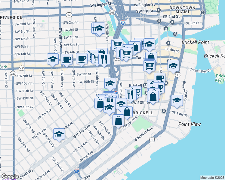 map of restaurants, bars, coffee shops, grocery stores, and more near 375 Southwest 15th Road in Miami