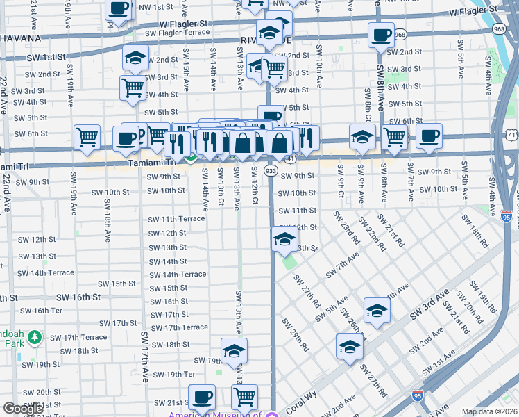 map of restaurants, bars, coffee shops, grocery stores, and more near 1136 Southwest 12th Court in Miami