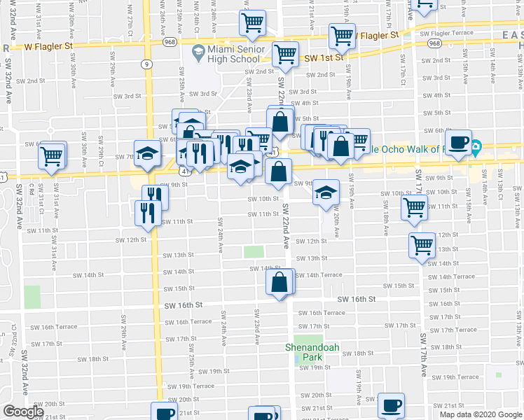 map of restaurants, bars, coffee shops, grocery stores, and more near 2270 Southwest 11th Street in Miami