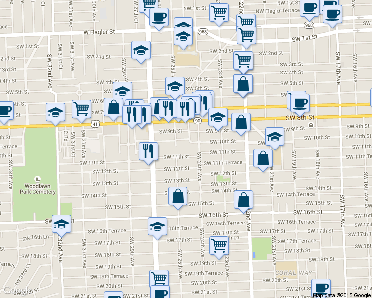 map of restaurants, bars, coffee shops, grocery stores, and more near 291 Southwest 11th Street in Miami