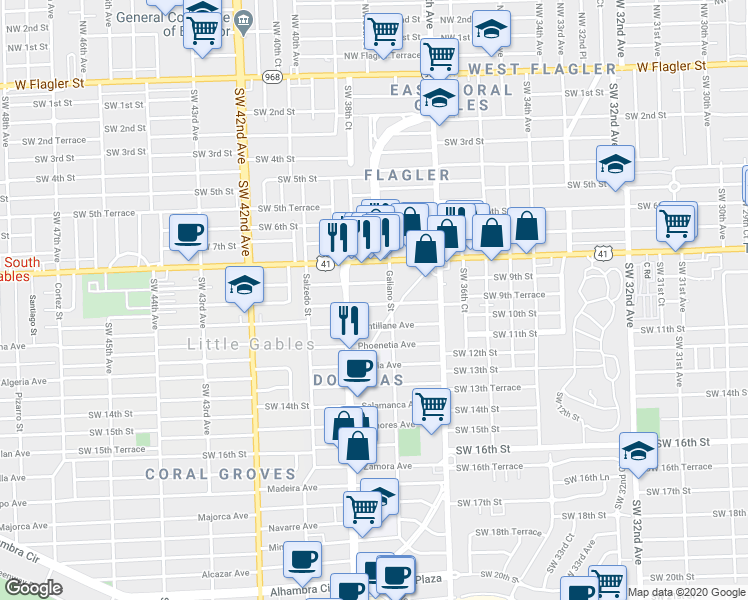 map of restaurants, bars, coffee shops, grocery stores, and more near in Coral Gables