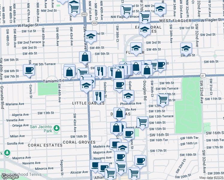map of restaurants, bars, coffee shops, grocery stores, and more near 230 Calabria Avenue in Coral Gables