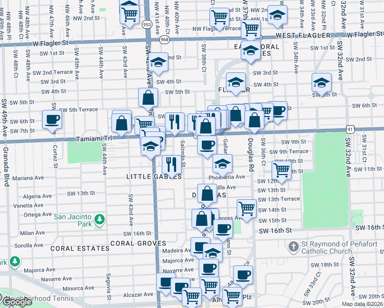 map of restaurants, bars, coffee shops, grocery stores, and more near 230 Calabria Avenue in Coral Gables