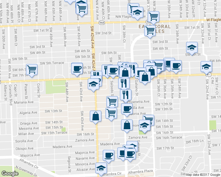 map of restaurants, bars, coffee shops, grocery stores, and more near 230 Calabria Avenue in Coral Gables