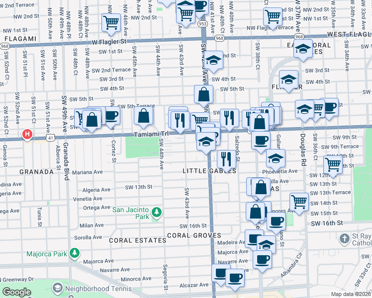 map of restaurants, bars, coffee shops, grocery stores, and more near 945 Southwest 43rd Avenue in Miami